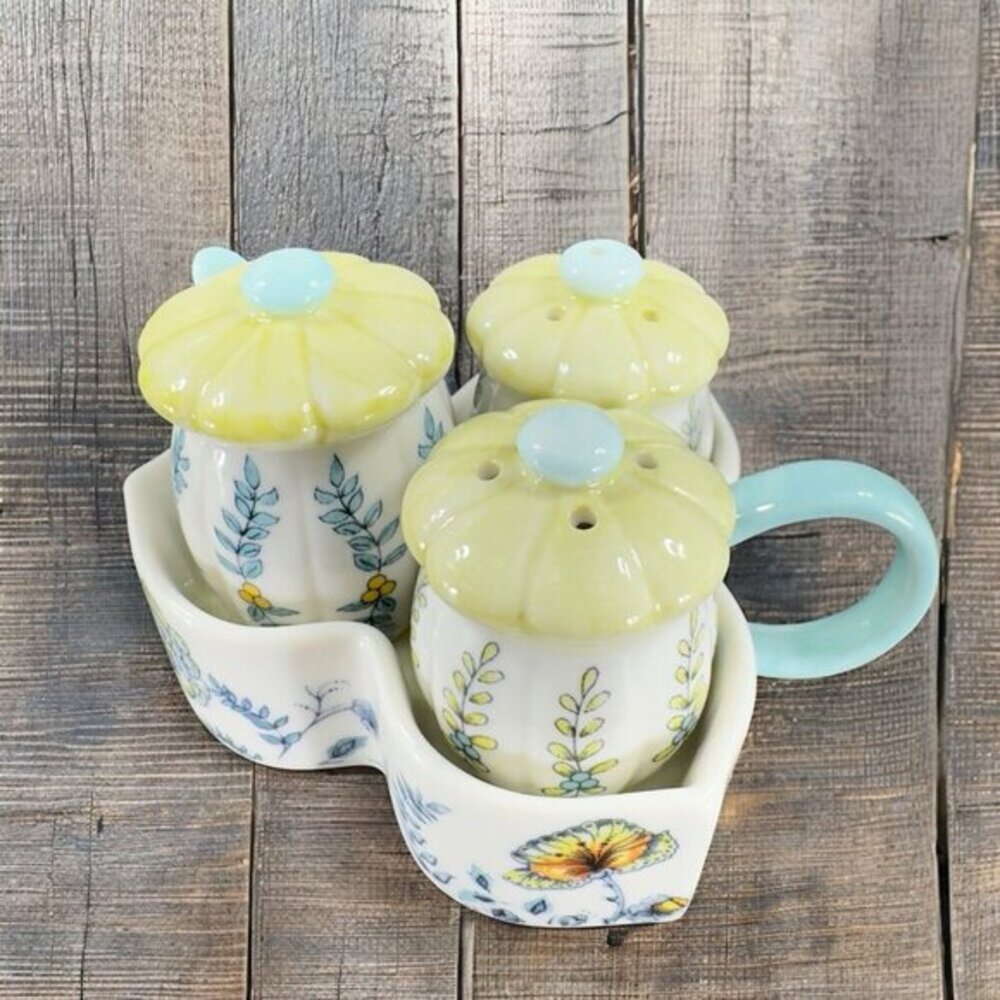 Anthropologie Ceramic Salt And Pepper Covered Mustard Pot and Spoon on Tray VTG